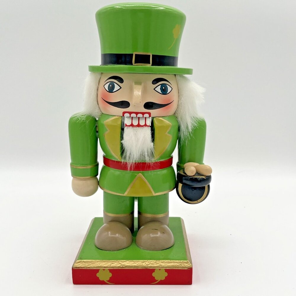 St. Patrick’s Day Leprechaun Nutcracker 8" Wood Holding a Pot of Gold‎
